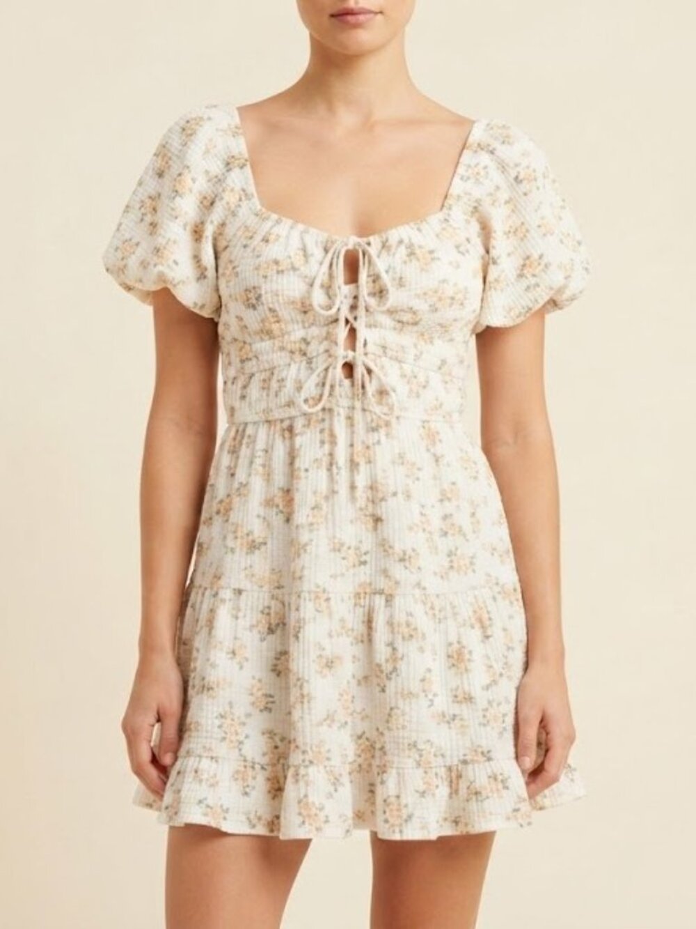 White Floral Puff-Sleeve Tie-Front Baby Doll Mini Dress